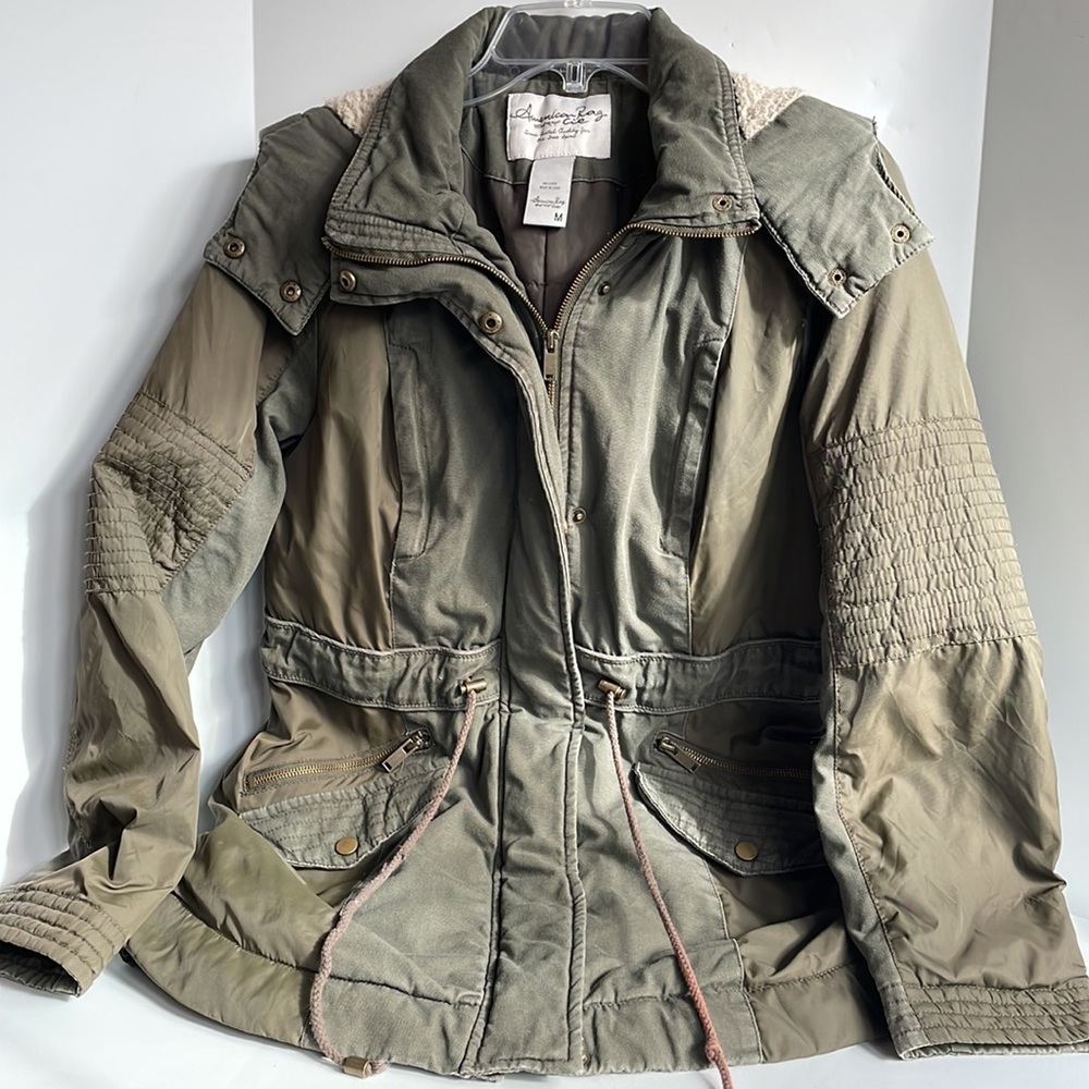 American Rag adjustable drawstring waist zip/button closure utility coat medium